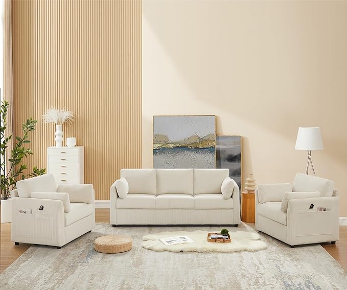 Modern Corduroy Accent Chairs 38 W Comfy Armchair with Soft Pillows and Side Pockets Single Reading Chairs for Living Room Bedroom Apartment Beige