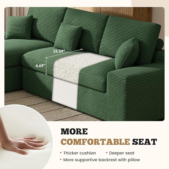 112 Modular Sectional Sofa for Living Room Convertible L-Shape Couch with OttomanCloud Boneless Couch with Layered CushionGreen Corduroy