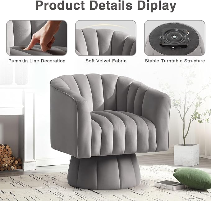 YSICK Swivel Accent Chair 360°Swivel Barrel Chair Modern Ottoman with Velvet Fabric Mid-Century Ottoman with Wide Upholstered Round Armchair for Living Room Lounge BedroomGrey