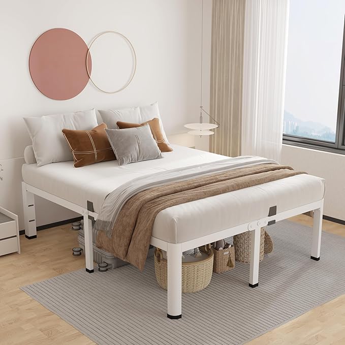 ROIL 12 Inch White King Bed Frame with Rounded Corner and Headboard Hole Mattress Retainers 3500LBS Heavy Duty Steel Slats No Box Spring Needed Platform Noise-Free Easy Assembly