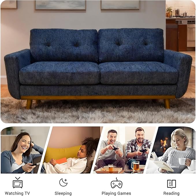 68“ Mid Century Modern Loveseat Sofa for Small Living Room Rraditional 2 Seater Couch for Office Apartment Bedroom Mini|Small|Vintage|Wood Frame|Chenille Fabric|600 LBS|Tufted (Grey Blue)