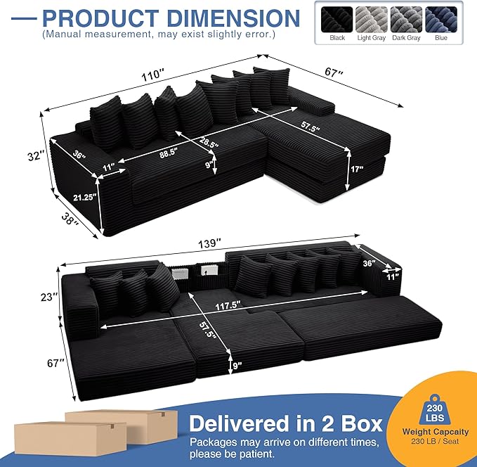 110'' Oversize Cloud Sectional Couches for Living Room Convertible Sleeper Sofa Bed Big Comfy Couch with 2 Side Pockets &amp 8 Pillows Corduroy Free-Combined (Black 110 -Left Facing Chaise)