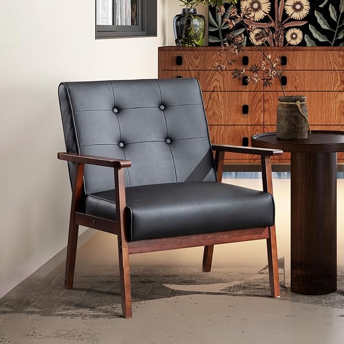 STHOUYN Accent Chair Black Leather Chair with Wood Frame Upholstered Tufted Comfy Reading Arm Chair Mid-Century Modern Living Room Chair Side Chairs for Living Room Waiting Room Office (1)