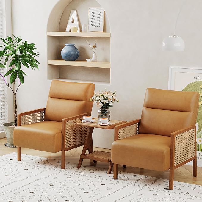 Andeworld Brown Accent Chairs Set of 2Upholstered Modern Living Room Chairs with Natural Rattan Arm Faux Leather Arm Chairs for Bedroom Club Balcony Reception