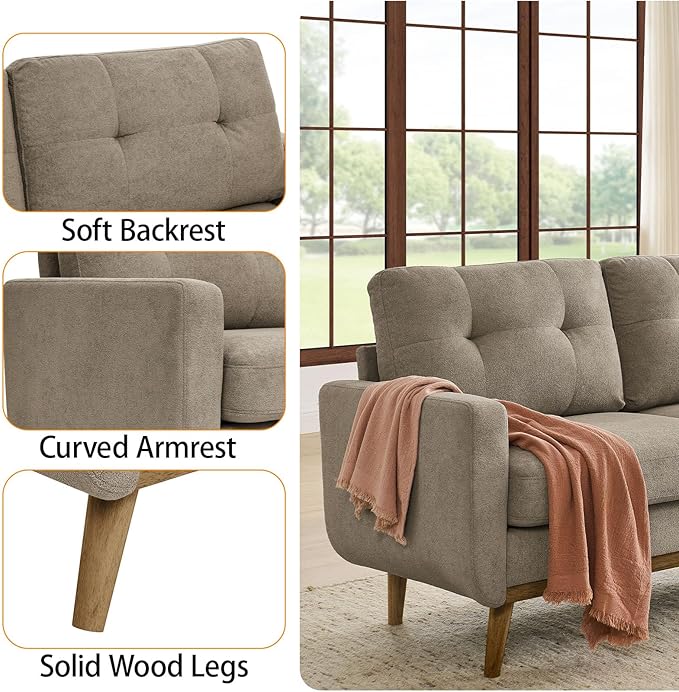 67.7 Mid-Century Modern Loveseat Sofa 2-Seat Mini Upholstered Love Seat Couch Comfy Small Couch with Wooden Legs and Tufted Back for Living Room Bedroom Office Apartment(Khaki)