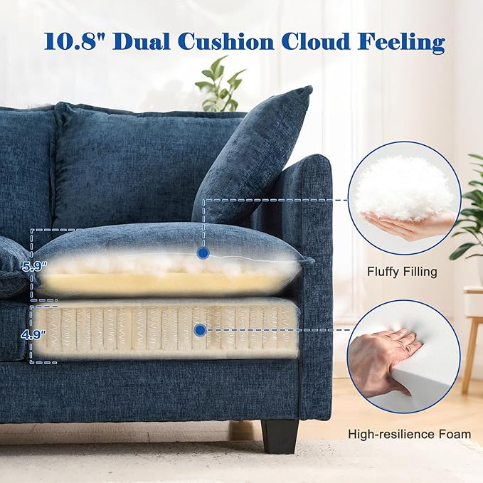 Loveseat Sofa Cloud Sofa Couch 50'' Modern Loveseats 2 Seat Couch 27 Deep Seat with 2 Pillows for Small Spaces Apartment Studio Office Bedroom Living Room 8834-BLUE