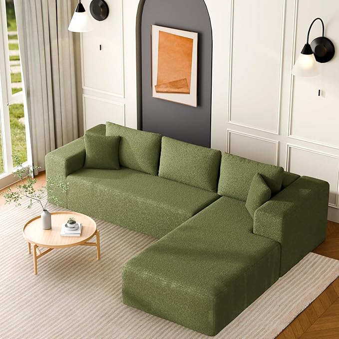 106 Modular Sectional Sofa Green Wool Cloud Couch with Left Chaise Deep Seat Boneless Floor Sofa for Living Room High-Resilience Foam Support No Assembly Required Includes Pillows | Sectional So