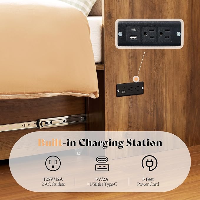 AMERLIFE Queen Murphy Bed Cabinet with Charging Station and Storage Farmhouse Foldable Platform Bed for Guest Room Office Small Spaces Barnwood