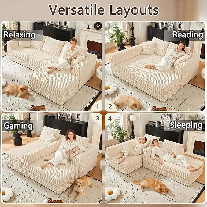 102 L-Shaped Modular Corduroy Cloud Sofa 3-Seater with Reversible Chaise Beige Memory Foam Cushion No Assembly Required