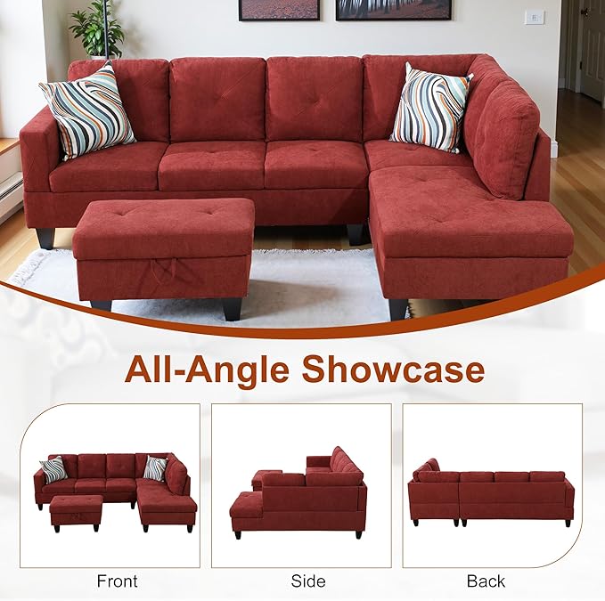 L Shaped Couch Sectional Couch Upholstered Flannelette 3 Pieces Sofas for Living Room with Chaise Ottoman with Storage for Office and Small Apartment Red