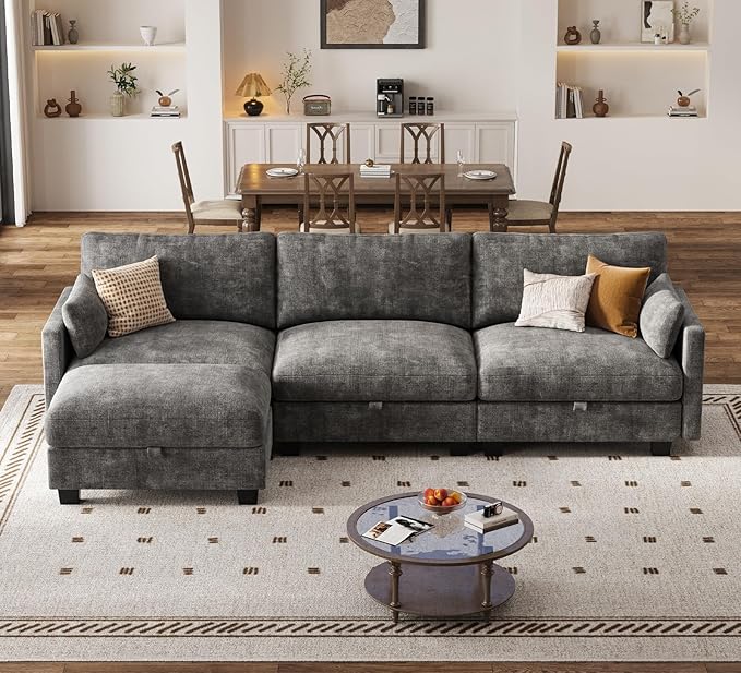 Modular Sectional U Shaped Sofa Couches for Living Room Cloud Couch with Storage Ottoman Comfy Chenille Sofa with Pillow Dark Gray
