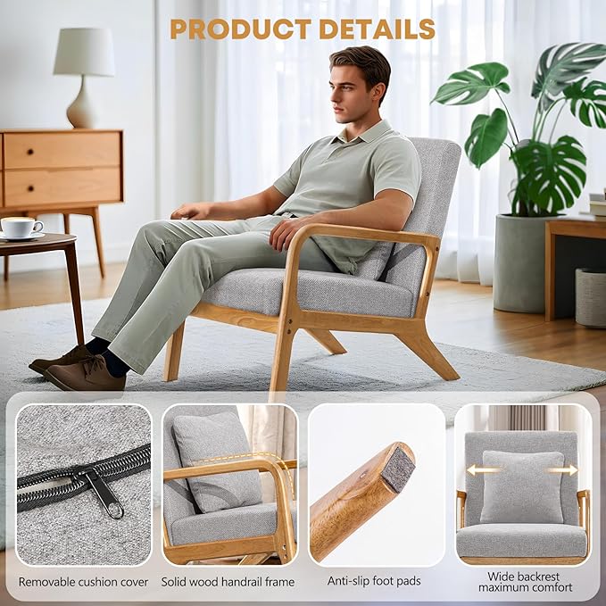 ELUCHANG Mid-Century Modern Accent Chair with Lumbar PillowUpholstered ArmchairLinen Fabric Comfy Reading Chair Lounge Side Chair for Living Room Bedroom ApartmentEasy Assembly(Grey2pcs)
