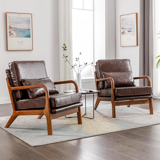 Brown Faux Leather Accent Chair- Comfy Solid Wood Arm Chair Mid Century Modern Armchair Lounge Sitting Decorative Office Side Chair Club Small Bedroom Reading Nook Sillas De Sala Living Room Furniture