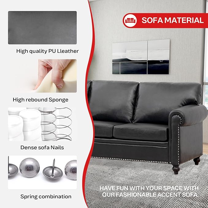 84'' Black Faux Leather 3-Seater Office Couch with Rivet Rolled Arms Modern Mid-Century Sofa for Living Room Apartment and Office. Easy Assembly (Black PU One Sofa)