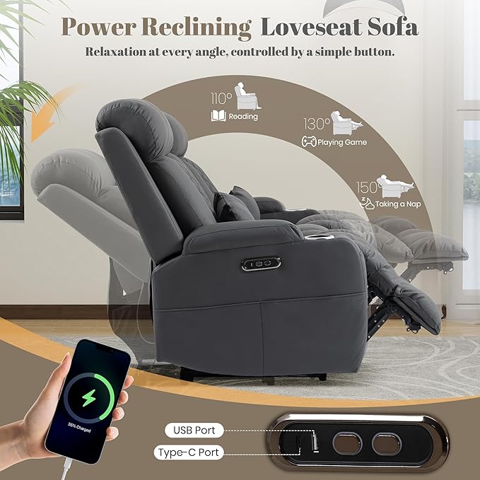 Zero Wall Hugger Power Reclining Sofa with Adjustable Headrest Electric Reclining Couch with Drop-Down TableOutlets Power Loveseat Recliner Sofa for Living Room (Gray 3 Seat)