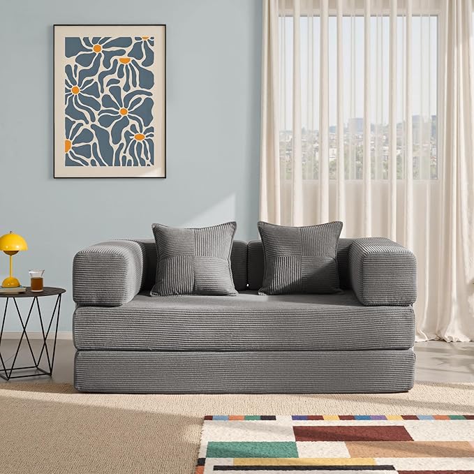 YINIX Sofa Bed 62'' Folding Floor Couch Compressed Convertable Sleeper Sofa Memory Foam Couch with Pillow Back Support Armrest 4-in-1 Futon Sofa Bed for Living Room Silver
