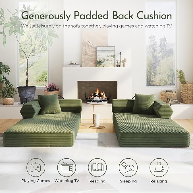 Convertible Floor Sofa Bed with Fixed-Shape Frame King Size Floor Sleeper 5-in-1 DIY Combination Modular Sofa Modular Chenille Folding Mattress Couch for Living Room Bedroom Playroom (Green1)