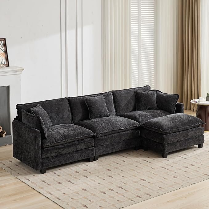 111.5 L Shaped Couch Modular Sectional Sofa Comfy Chenille Cloud Couch with Movable Ottoman and Pillow Modern 3-Seater Deep Seat Sofa for Living Room (BlackL Shaped Sofa)