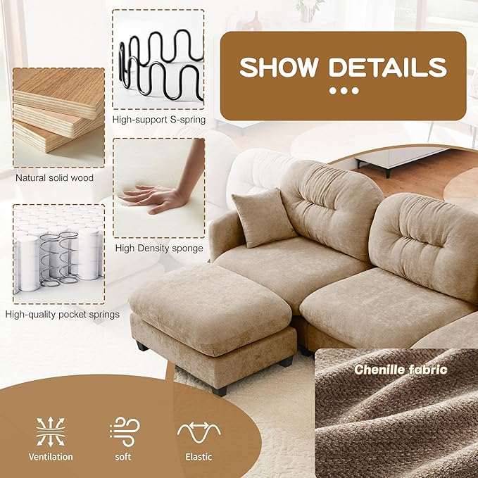 74 Modular Sectional Sofa Cloud Couch Modern Loveseat Sofa Deep Seat Sectional Couches for Living Room Comfy Chenille Couch for Small Spaces Oversized Modular Couches for BedroomCamel