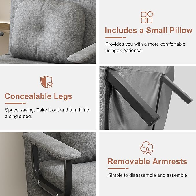 3 in 1 Sleeper Chair Bed Convertible Chair Bed Futon Sofa with Adjustable Backrest &amp Pillow Accent Chair for Apartment/Bedroom/Office (Gray)