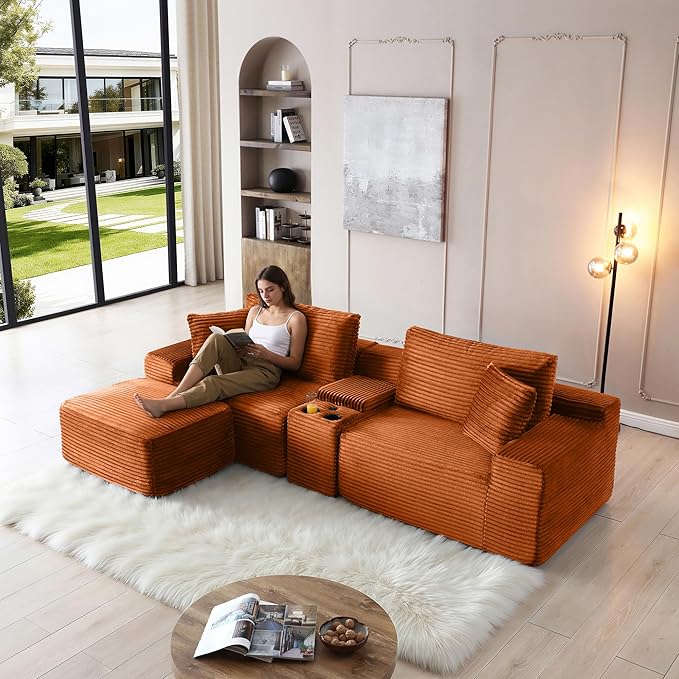 111 Inch Modular Sectional Sofa Couch Oversized Modern Cloud Couch for Living Room L Shape Couches with Ottomans USB Ports and Cup Holders Orange Corduroy Boneless Sofas Sofa in a Box