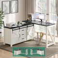 Executive L Shaped Office Desk with Drawers Farmhouse Corner Desk for Home Office with Storage Cabinet Computer Desk with Charging Station Reversible Study Writing Table Workstation Rustic White