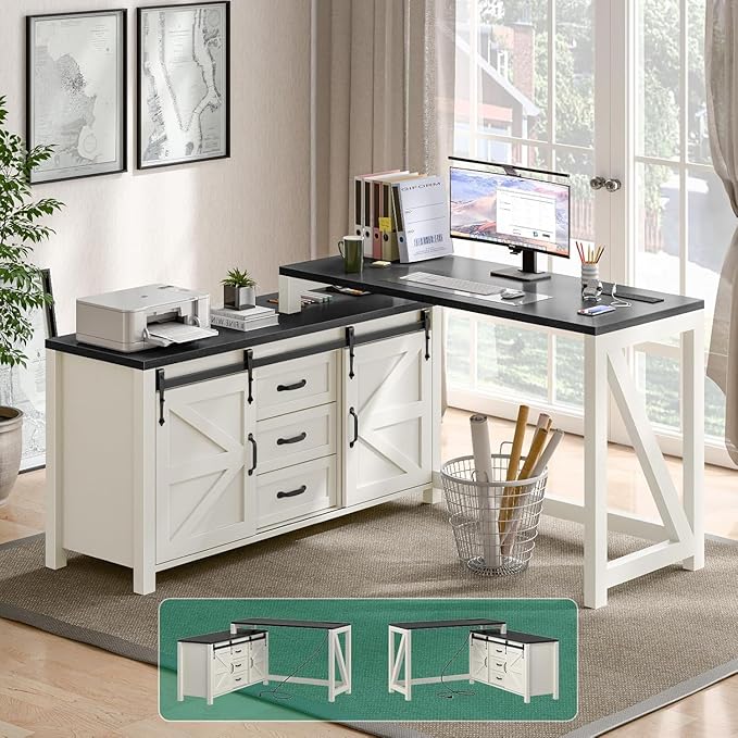 Executive L Shaped Office Desk with Drawers Farmhouse Corner Desk for Home Office with Storage Cabinet Computer Desk with Charging Station Reversible Study Writing Table Workstation Rustic White