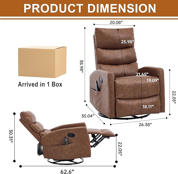 Manual Swivel Rocker Recliner Chair for Adults Overstuffed Reclining Glider Chair for Nursing with Vibration Massage &amp Heat Living Room Rocking Recliner 3-Stage backrest Faux Leather Yellow Bro