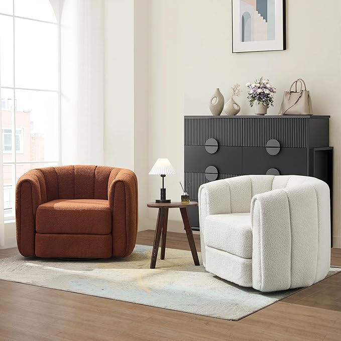 Eafurn 360° Swivel Accent Chair Furry Barrel Armchair Boucle Upholstered Leisure Lounge Sofa Reading Chair Oversized Padded Armchair with Thickness Cushions and Tufted Design for Living Room Bedroom
