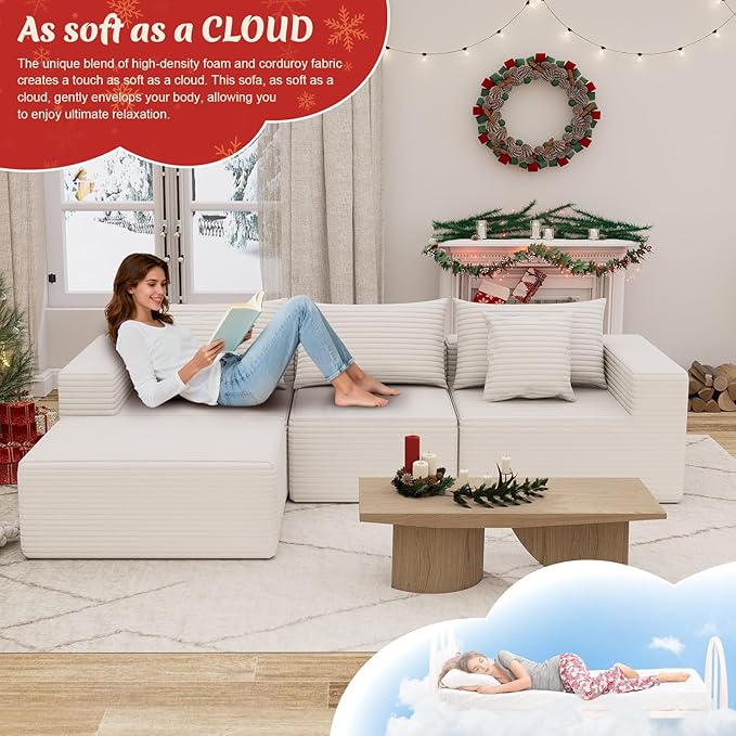 Modular Cloud Couch Sectional Deep Seat No-Bone Corduroy Sofa with Ottoman Oversized Comfy Modular Sofa for Living Room Bedroom Apartment No Assembly Flexible Layout (White Ottoman)