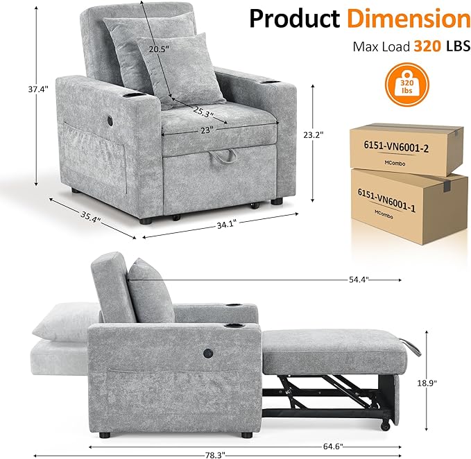 MCombo Convertible Sleeper Chair Bed 3-in-1 Folding Sofa Chair with Adjustable Backrest Pull-Out Bed with USB Port Cup Holders Linen Fabric for Small Spaces Living Room Guest Room Office VN6001