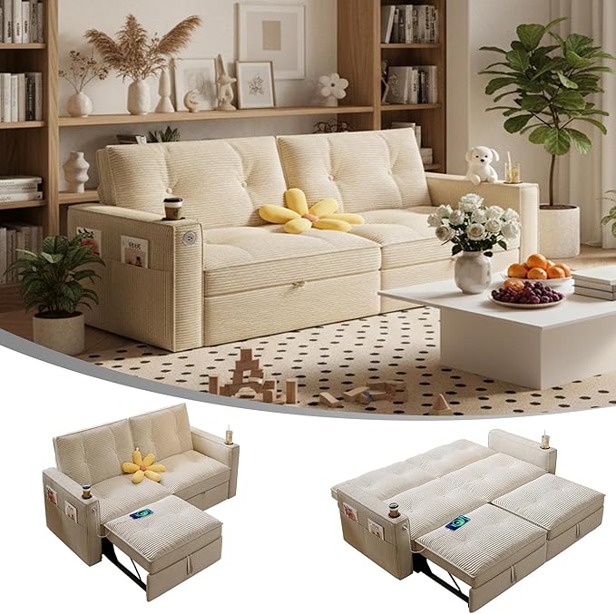 Queen Sofa BedConvertible Loveseat Sleeper SofasCouch with Pull Out BedPullout Couch Bed for Small SpaceQueen Sleeper Sofa Couches for Living RoomApartment &amp Guest Room Beige | USB Port Cup