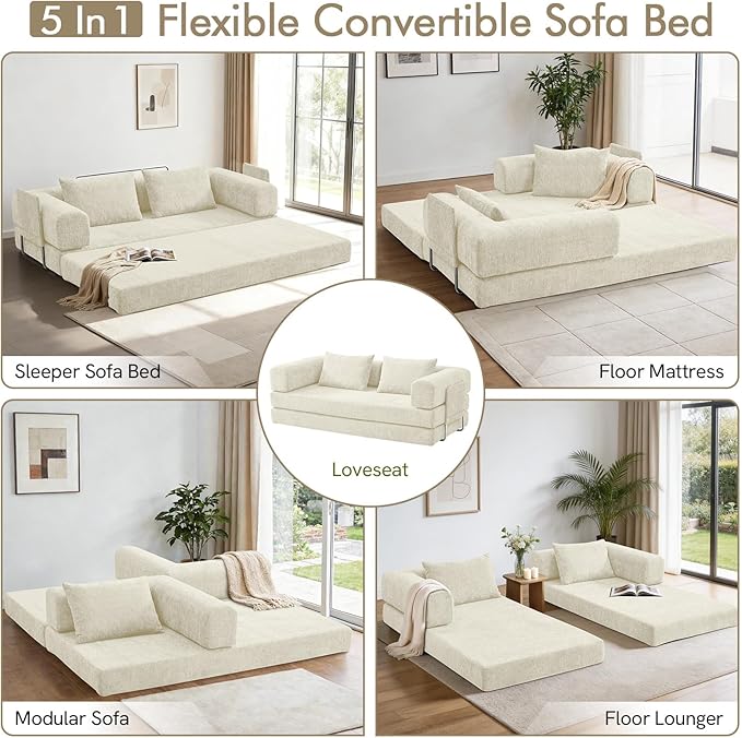 81 Convertible Sofa Bed with Storage Pockets 5-in-1 High Density Foam Boneless Couch Corduroy Folding Futon Sleeper Sofa for Living Room Bedroom Apartment No Assembly Required Beige
