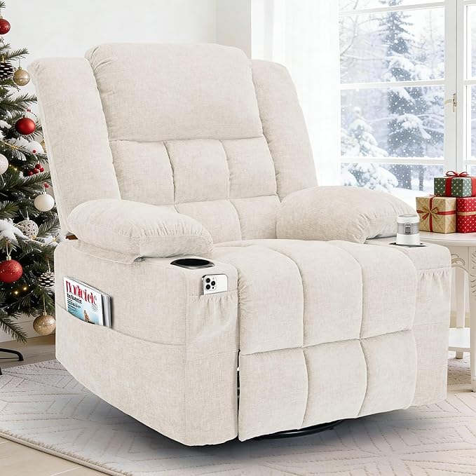 360° Swivel Rocker Recliner for Adults Nursery Glider Recliner with Massage and Heating Rocking Chair with Cup Holder Manual Recliner Chair for Living Room Bedroom (Fabric Beige)