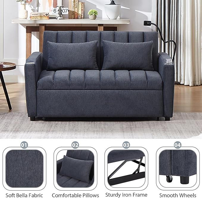 LUMISOL 3-in-1 Convertible Sleeper Sofa Bed 55.9 Loveseat Pull Out Bed with USB Ports Cup Holders Swivel Stand &amp Storage Pockets Modern Tufted Sofa Bed with Pillows Blue Grey