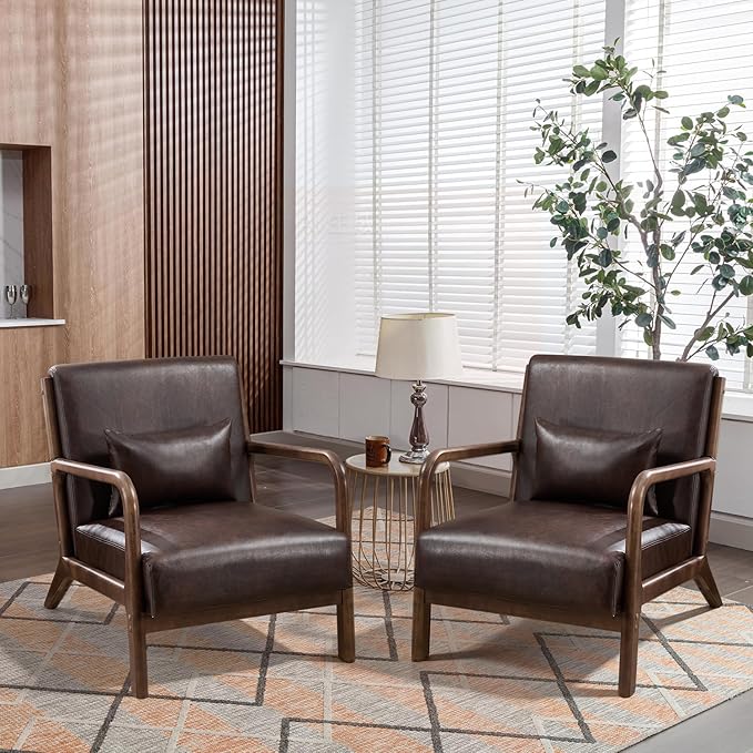 INZOY Mid Century Modern Accent Chair with Wood Frame Set of 2 Upholstered Reading Armchair with PU Leather Accent Chair for Living Room Bedroom Apartment Easy Assembly Chocolate Brown