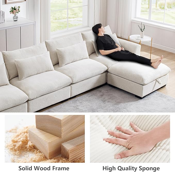 Oversized Modular Sectional Sofa 51 Inch Single Seat Sofa Corduroy Deep Seat Comfy Couch Armchair with Waist Pillow for Living Room Apartment Beige