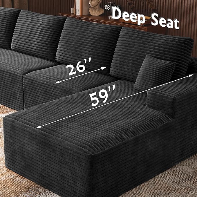 3-Piece Boneless Modular Sectional Sofa Cloud Couch with Right Facing Chaise Oversized Deep Seat Soft Corduroy Fabric Sectional Couch for Living Room-Black