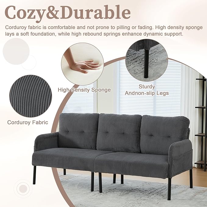 KEIKI 67 Corduroy Loveseat Sofa with Double Side Pockets &amp High Resilience Cushion Modern Style Upholstery Oversized 2-Seater Couch with Metal Legs Easy Assembly for Living Room Gray