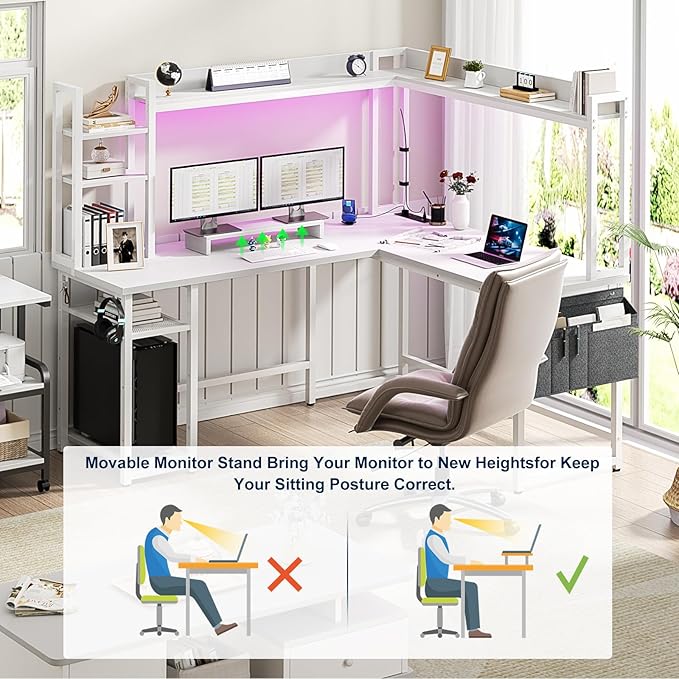 Aheaplus L Shaped Desk with Power Outlet L Shaped Gaming Desk with Led Light &amp Hutch Reversible Home Office Desk Corner Computer Desk Writing Desk with Monitor Stand &amp Storage Shelves Whit