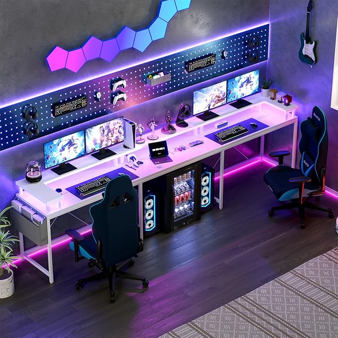 GAOMON U Shaped Home Office DeskReversible l Shaped Gaming Computer Desk with Power Outlets LED StripStorage ShelvesStorage Bag and Hooks for Home OfficeWhite