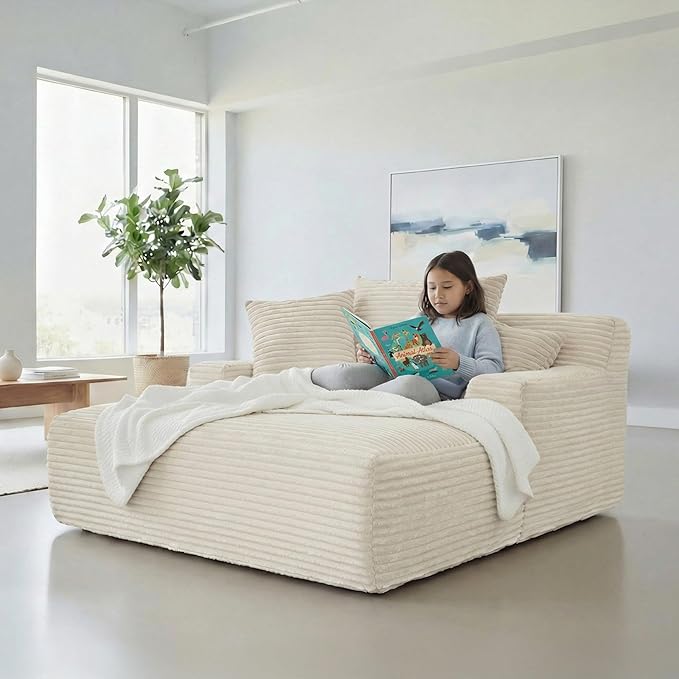 Container Furniture Chamden Oversized Chaise Lounge Chair Modern Corduroy Sofa Bed with Full Foam Cushioning Cozy Convertible Sleeper for Living Room or Bedroom Ivory