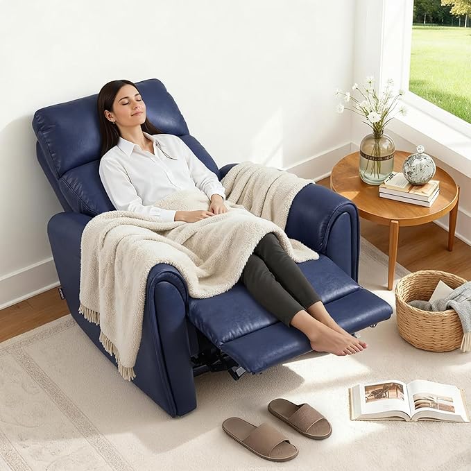 MCombo Power Small Recliners for Small Spaces Living Room RVs Modern Style Zero Wall Hugger Recliners Chair with Lumbar Support USB&ampCharging Ports FSC Certified Faux Leather PR699 (Navy Blue