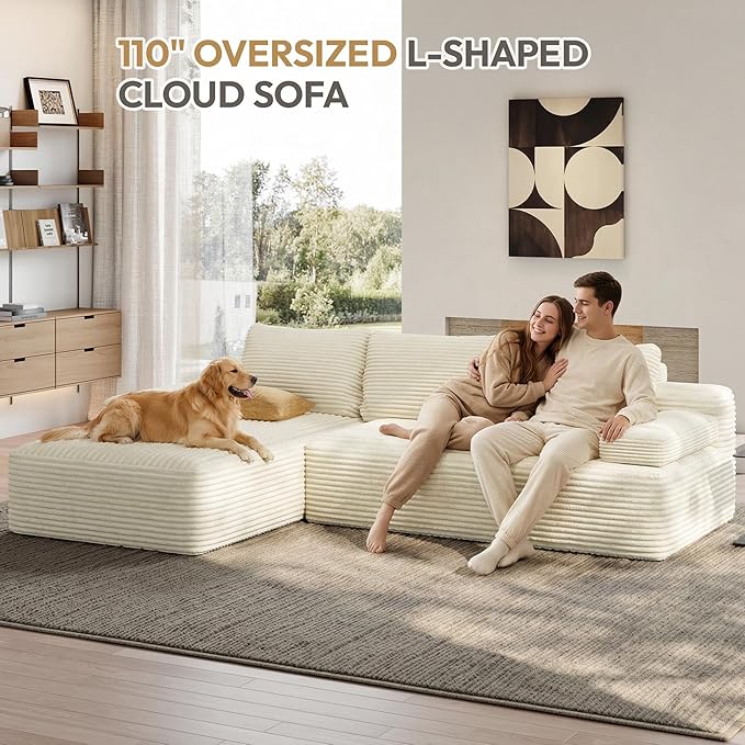 Yaheetech 110 Modular Sectional Sofa Corduroy Boneless Couch with Chaise L-Shape Cloud Couch with Detachable Pillows No Assembly Sofa for Living Room Beige