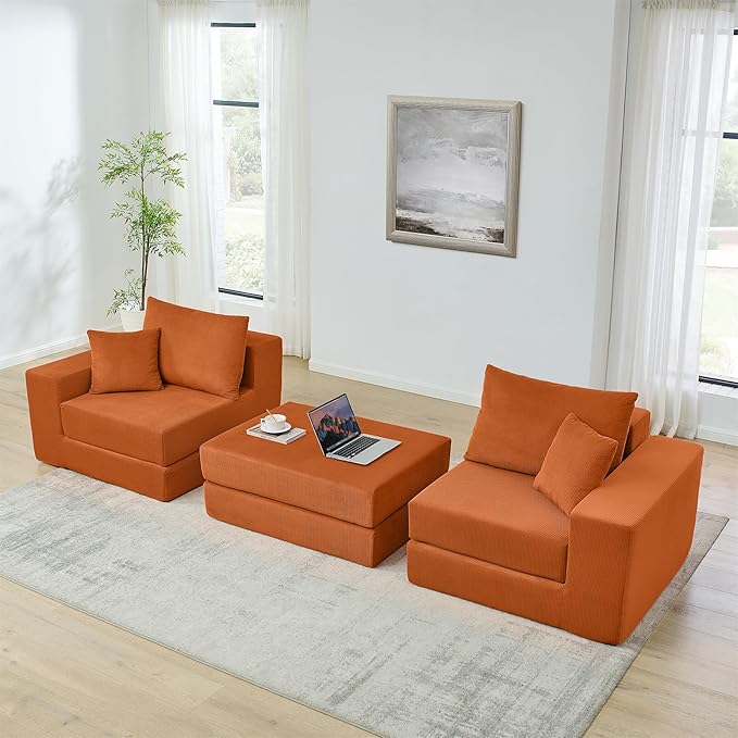 Boneless Couches for Living Room Modern Corduroy Couch Convertible Sleeper Sofa Folding Sofa Bed Mattress Couch for Bedroom Small Spaces - No Assembly Needed in Orange