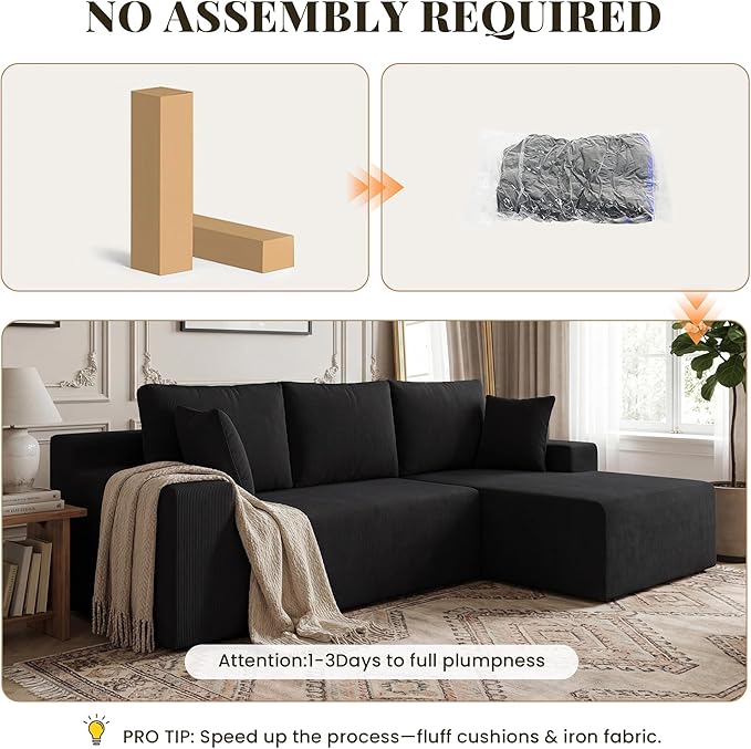 Cloud Sectional Boneless Couches for Living Room Modular L Shaped Couch with Deep Seat Oversized Right Facing Chaise Memory Foam Compressed Spineless Sofa for Bedroom Fine-Striped Black | Washable