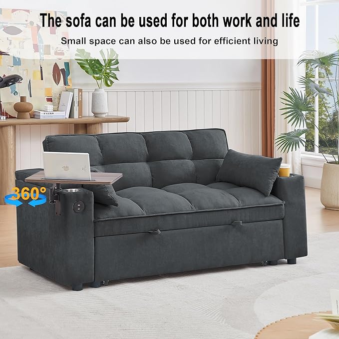 65'' Convertible Sleeper Sofa Bed with Adjustable Backrest Chaise Lounge Side Table &amp USB/Type-C Ports – Stylish &amp Functional Addition to Any Living Room (Fashion Pink)