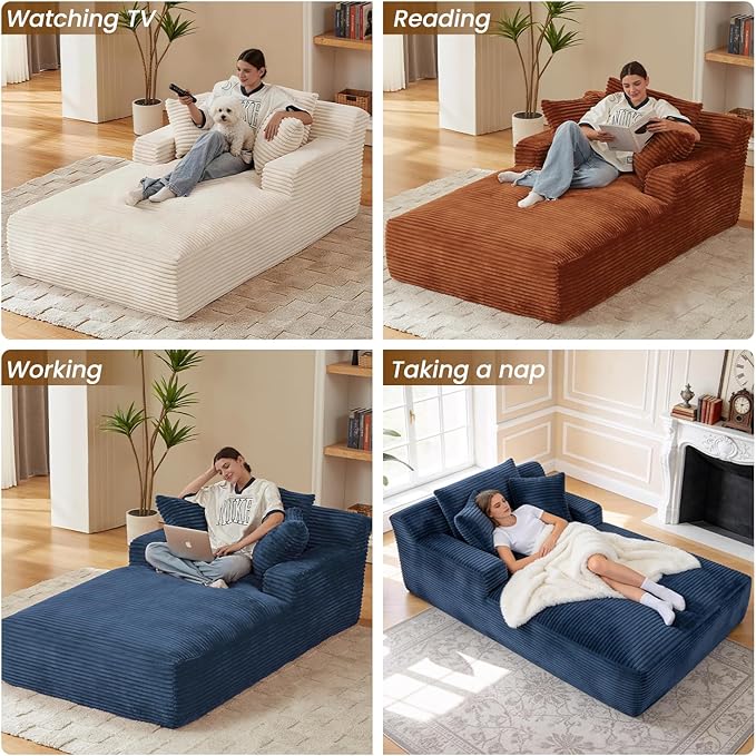 Avenix 79” Oversized Chaise Lounge Chairs Indoor Corduroy Boneless Chaise Lounges Chairs Indoor Deep Seat Big Comfy Reading Chair Cloud Sleeper Chair Sofa Couch Bed for Living Room Blue