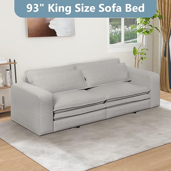93 King Size Sofa Bed 3 in 1 Convertible Pull Out Couch Loveseat Sleeper Comfy Upholstered Teddy Sofa 3 Seater Chaise Lounge with 2 Pillows Modern Couch Bed for Living Room Grey