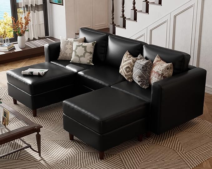 ABCASA Faux Leather U Shaped Modular Sectional Sofa 91.5 5 Seater Couch with Movable Ottoman Deep Seat and Storage Seat with Removable Cover for Living Room Apartment - Black